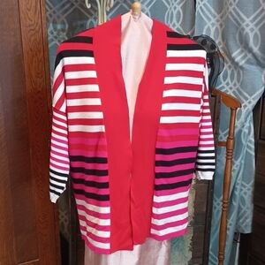 E1-50 Lightweight Open Front Drape Cardigan Striped - Red, Pink, Black, White